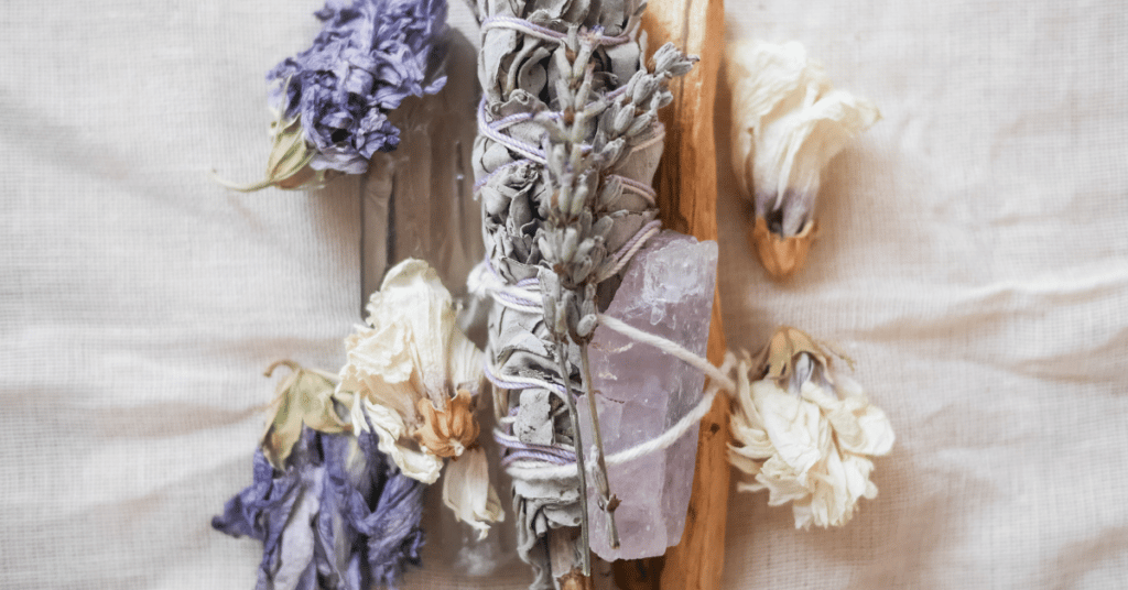sage lavender and crystals