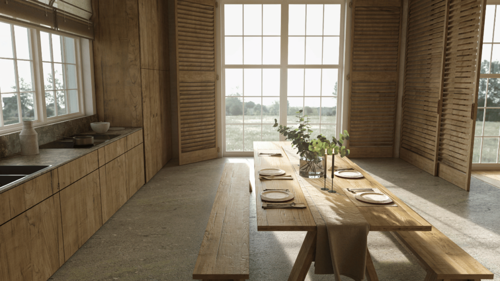 dining room table with wooden benches